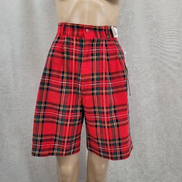 Ambitions Vintage Red Tartan Plaid Bremuda Wide Leg High Rise Shorts NEW - Picture 1 of 12